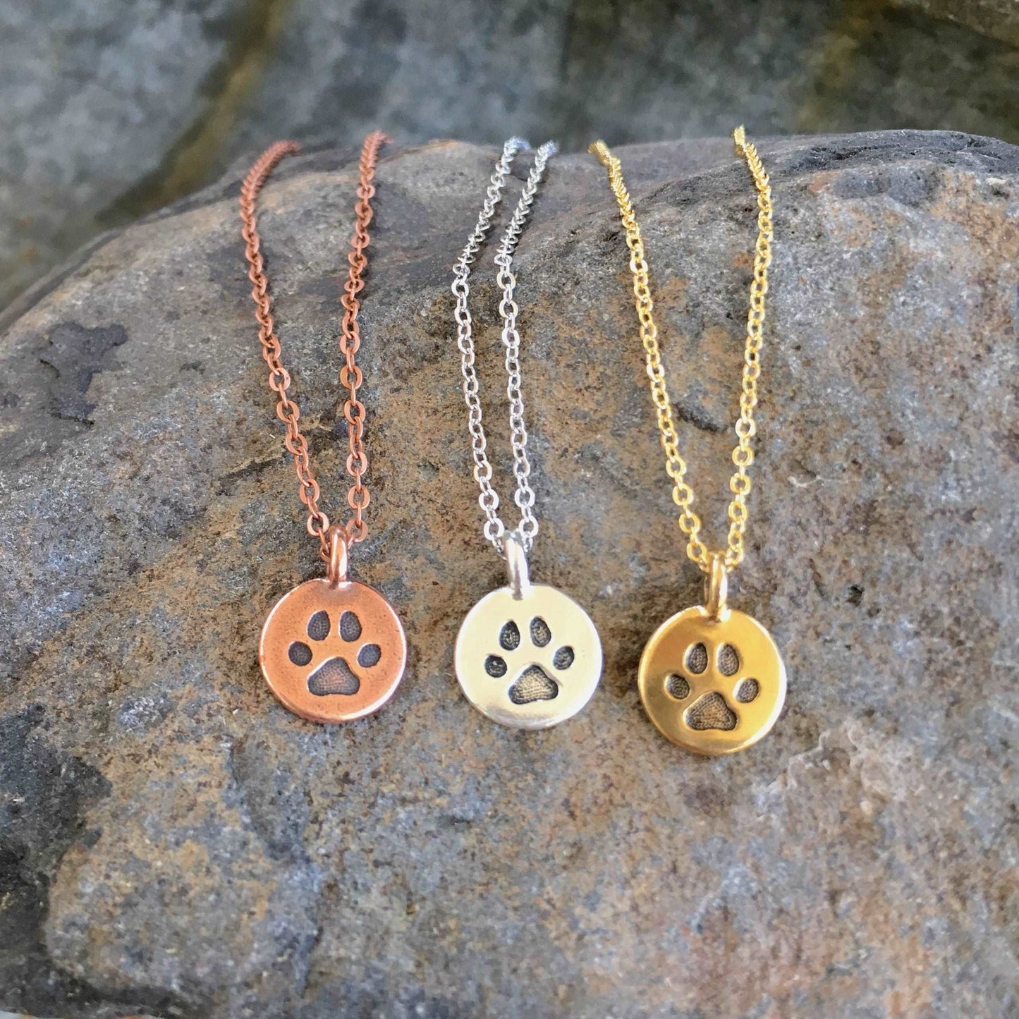 Paw Print Necklace - silver, copper, gold - dog jewelry